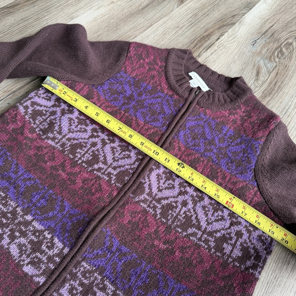 Vintage Coldwater Creek Women Brown Purple Full Zip Wool Cardigan L Fair Isle - Picture 5 of 7